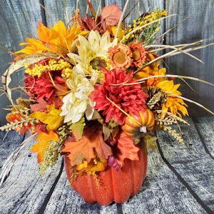 Thanksgiving Table Arrangement, Pumpkin centerpiece, Fall floral arrangement, Pumpkin decor, Fall decor, Autumn centerpiece, Give thanks image 3