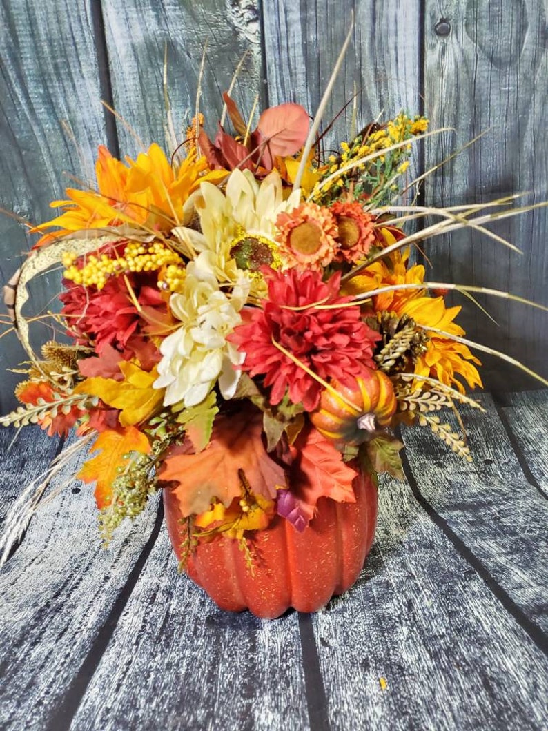 Thanksgiving Table Arrangement, Pumpkin centerpiece, Fall floral arrangement, Pumpkin decor, Fall decor, Autumn centerpiece, Give thanks image 3