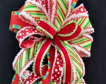 RED Christmas Bow, Whimsical  Christmas Decor, Red Velvet Tree Topper Bow, Christmas Wreath Bow, Wreath Bow, Mailbox decor, CANDY Cane Decor