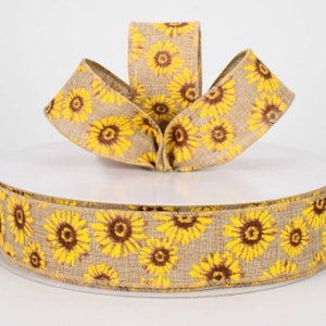 Sunflower Ribbon Spool Everyday Sunflower Ribbon, Tan Ribbon With Yellow Sunflowers. Ribbon ...