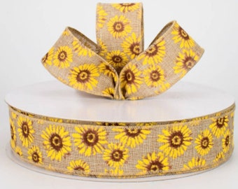 Everyday Sunflower Ribbon, Tan ribbon with yellow sunflowers. Ribbon for wreaths, Swags, Bows and other DIY craft projects