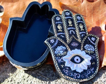 Black and Metallic Hamsa Jewelry Trinket Decorative Box ~ Beautiful ~ Incense Burner Hole ~ 4.5”x3.25”x1.25”~ Quality ~