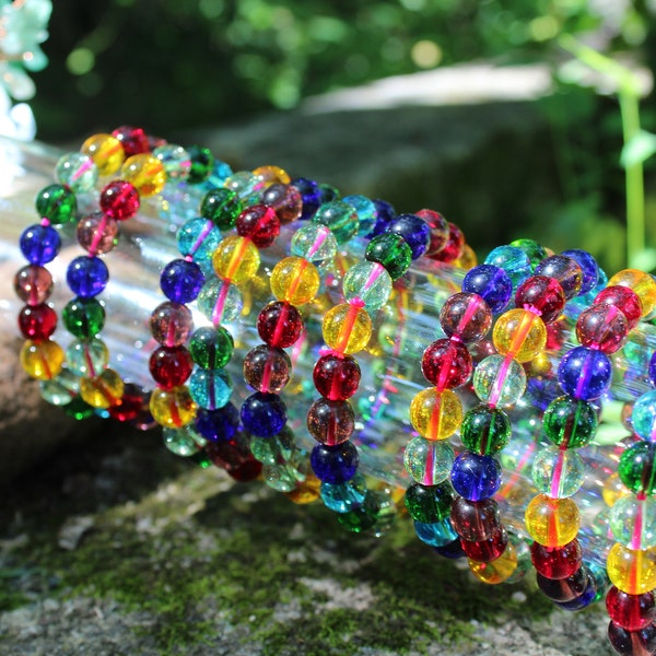 Rainbow Smelting Glass Bracelets ~ 10.5 mm Bead ~ Beautiful ~ Colorful ~ Dopamine Armcandy~ Happy Vibes~