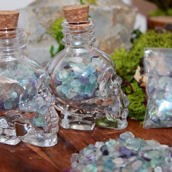 Miniature Glass Apothecary Style Skull Jar w/ Rainbow Fluorite Crystal Chips ~ Filled Skulls or 30 gram bags available ~