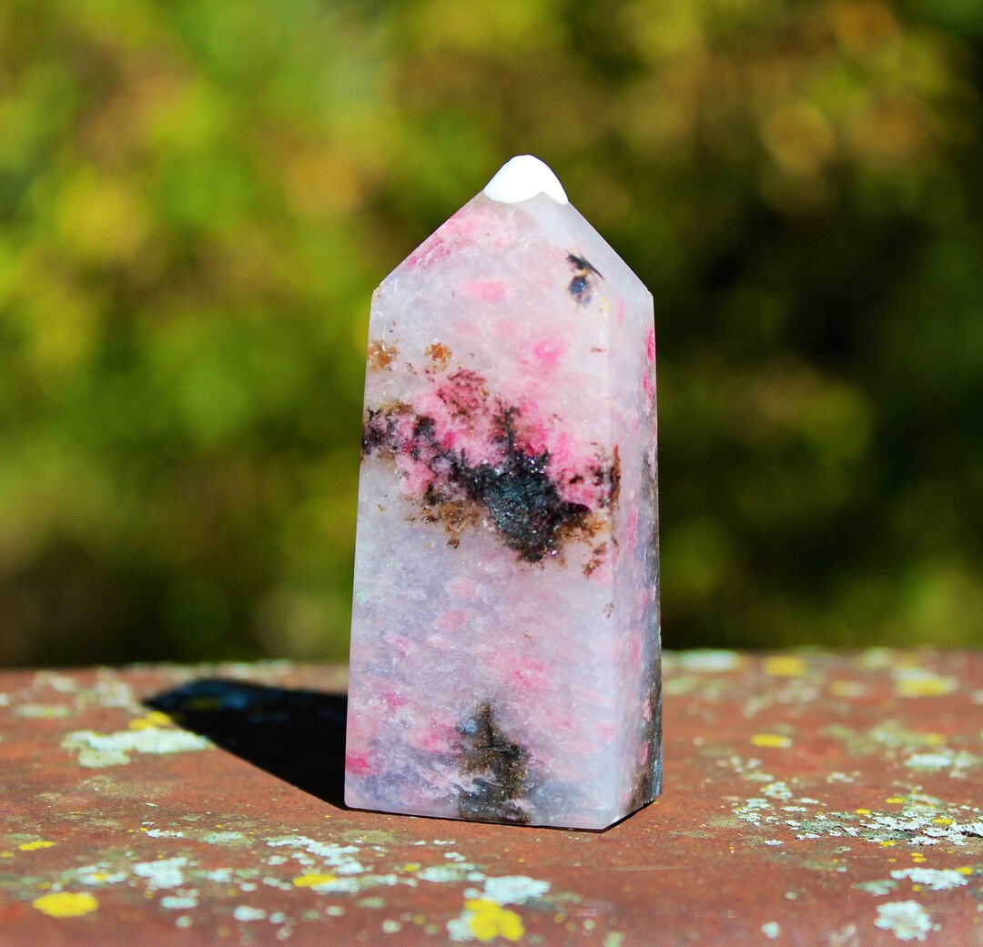 Icy Rhodonite in Quartz Crystal Tower Cherry Blossom Rain Point 92 ...
