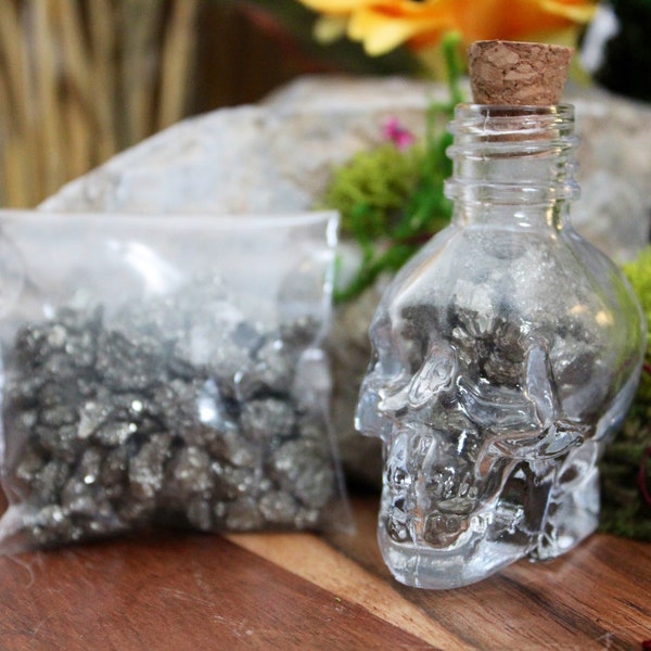 Glass Apothecary Style Skull Jar ~ Filled  ~ Real Pyrite  ~ Quality ~ 35 grams ~ 2” ~