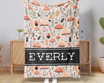 Boho Mushrooms Custom Name Blanket, Custom Home Decor Blanket, Personalized Name Blanket, Custom Minky Blanket (MINKY1362)