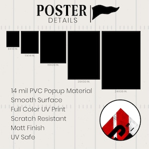 May include: A graphic showing black rectangular poster sizes: 8x10 in, 11x14 in, 16x20 in, 20x30 in, and 24x36 in. Text reads "POSTER DETAILS" and lists features: 14 mil PVC Popup Material, Smooth Surface, Full Color UV Print, Scratch Resistant, Matt Finish, and UV Safe.