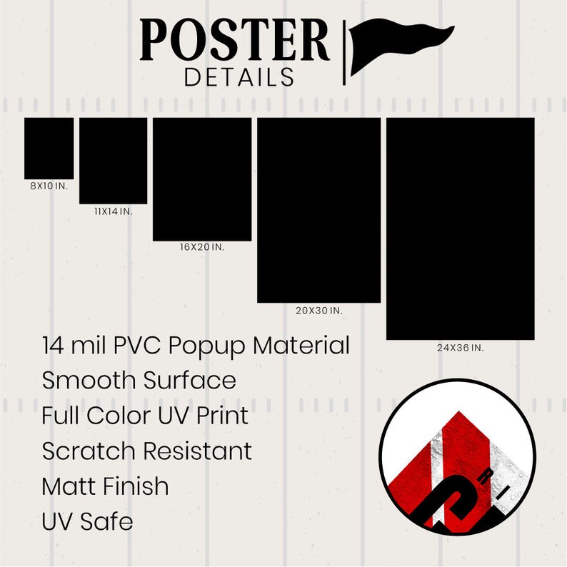 May include: A graphic showing black rectangular poster sizes: 8x10 in, 11x14 in, 16x20 in, 20x30 in, and 24x36 in. Text reads "POSTER DETAILS" and lists features: 14 mil PVC Popup Material, Smooth Surface, Full Color UV Print, Scratch Resistant, Matt Finish, and UV Safe.
