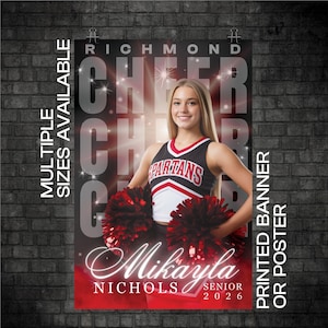 May include: A poster featuring a cheerleader in a black, white, and red uniform holding red and black pom-poms. The poster includes the text "Richmond Cheer," the name "Mikayla Nichols," and "Senior 2026."