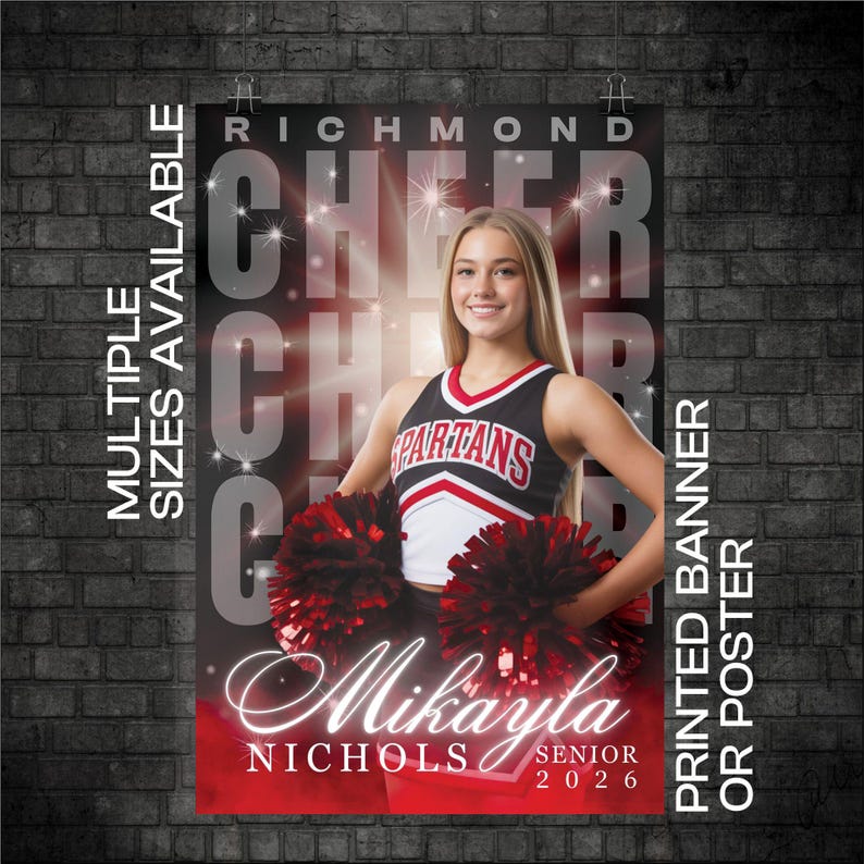 May include: A poster featuring a cheerleader in a black, white, and red uniform holding red and black pom-poms. The poster includes the text "Richmond Cheer," the name "Mikayla Nichols," and "Senior 2026."