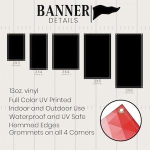 May include: Black rectangular banners in various sizes, including 2x3, 2x4, 3x4, 3x5, and 3x6 feet. The image displays banner details, such as 13oz vinyl, full-color UV printing, and grommets on all four corners. The banners are suitable for indoor and outdoor use.