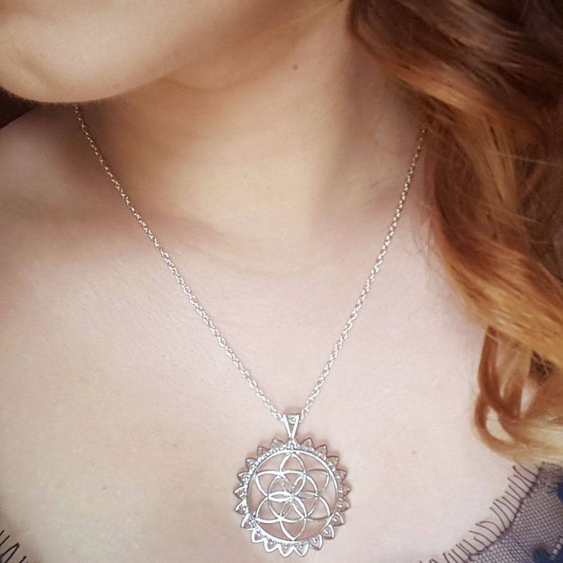 Silver Flower Of Life Necklace Silver Symbol Mandala Necklace Sun Necklace Sun Pendant Yoga Pendant Silver Seed of Life Necklace