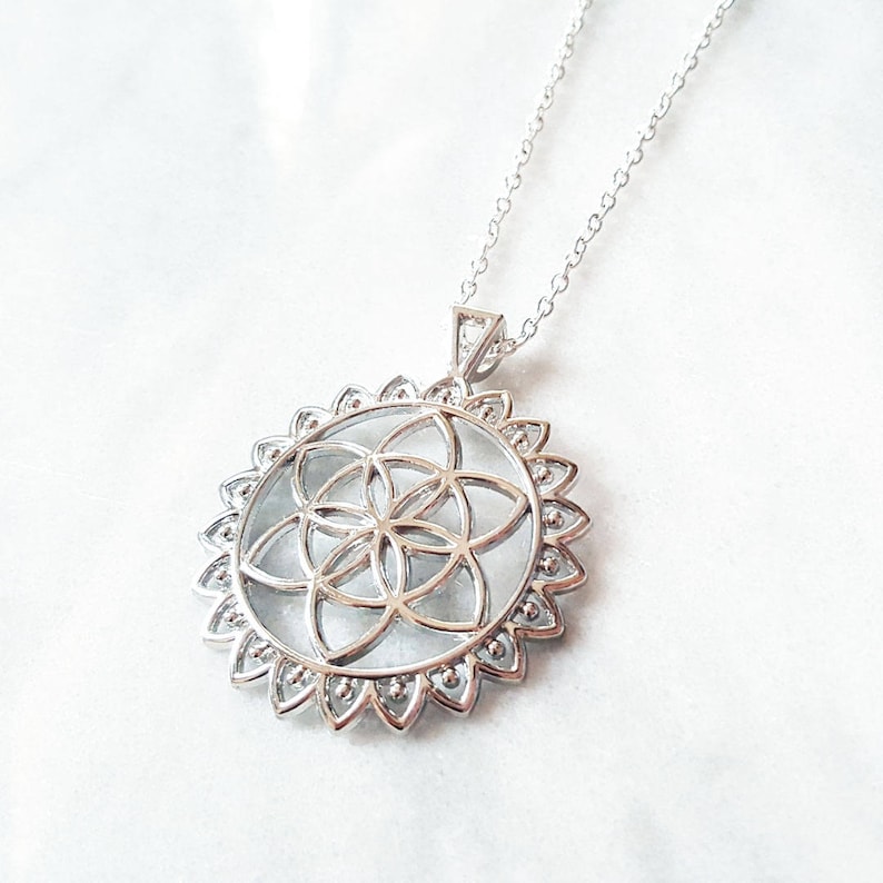 Silver Flower Of Life Necklace Silver Symbol Mandala Necklace Sun Necklace Sun Pendant Yoga Pendant Silver Seed of Life Necklace