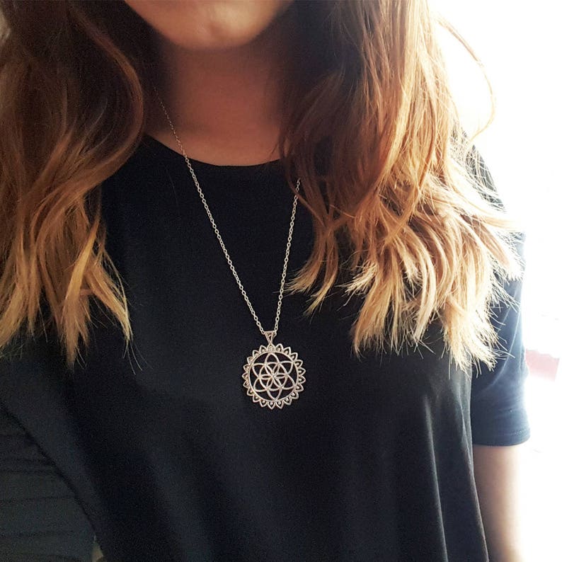 Silver Flower Of Life Necklace Silver Symbol Mandala Necklace Sun Necklace Sun Pendant Yoga Pendant Silver Seed of Life Necklace