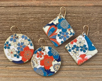 Blue and orange floral earrings