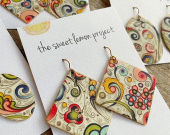 Florentine Swirls - pink, blue, green, gold earrings