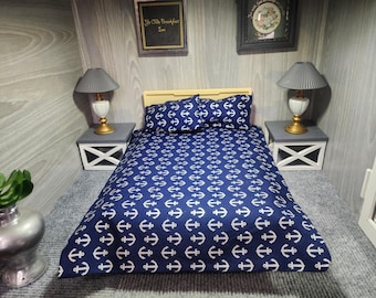 Dollhouse 1/6 Scale Navy Blue Bedding Set