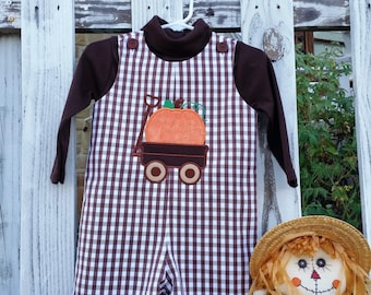 Boys Gingham Twill Longall with Pumpkin in a Wagon Applique