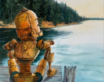 May include: A rusty, yellow robot sits on a wooden dock overlooking a lake. The robot has a round head and a body made of metal plates. The lake is calm and blue, and the sky is a pale gray. There are trees in the background.