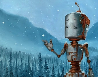 May include: A rusty, metal robot stands in a snowy forest. The robot has a square head and one arm outstretched, pointing towards the snow falling from the sky. The background is a blue sky with a mountain range in the distance.