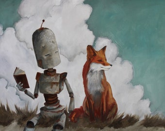 May include: A rusty robot sits on a grassy hill with a fox. The robot is holding a book and looking down at it. The fox is sitting next to the robot and looking off to the side. The background is a blue sky with white clouds.