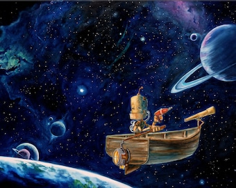May include: A robot in a wooden boat floats in space, holding a red laser gun and looking through a telescope. The boat has a light on the front and a propeller. The background is a dark blue space with stars, planets, and a nebula.