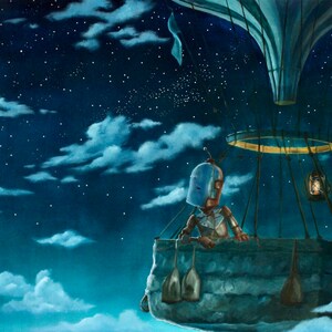 May include: A robot with a blue helmet sits in a hot air balloon, looking out at a starry night sky with clouds. The balloon is made of a light blue fabric and has a wooden basket.
