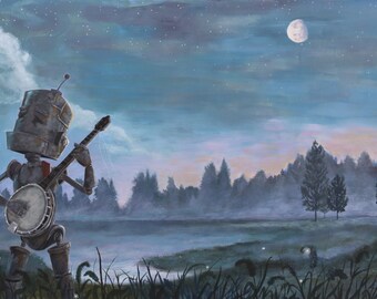 May include: An illustration of a robot playing a banjo in a moonlit, misty landscape. The robot is metallic with a bucket-shaped head and is positioned in front of a body of water with trees in the background. The sky is a gradient of blues and purples.