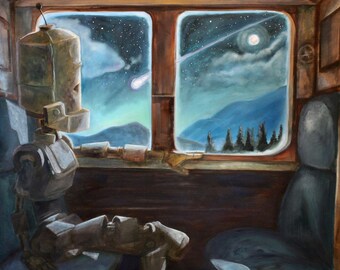 May include: A metallic robot sits in a train car, looking out the window at a starry night sky with a shooting star and a full moon. The robot is made of metal and has a large head with a round, flat face. The train car is dark and wooden, with a brown leather seat next to the robot.