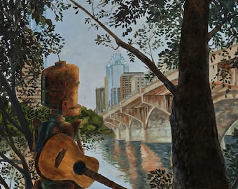 May include: A rusty robot with a guitar stands by a river, looking at a city skyline with a bridge in the foreground. The robot is made of metal and has a large head with a round, rusty body. The guitar is brown and has a light brown pickguard. The city skyline is in the background and is made up of tall buildings. The bridge is in the foreground and is made of concrete. The river is blue and has a reflection of the city skyline in it.