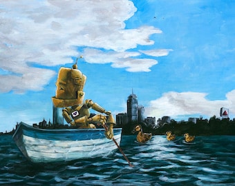 May include: A golden robot with a heart on its chest sits in a small boat on a lake. The robot is holding a paddle and is looking out at the city skyline in the distance. Three ducks are swimming in the water in front of the boat.