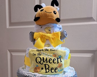 Honey Bee 3 tier diaper cake, Bee baby gift, Gender neutral diaper cake, Bumble Bee baby shower decor, Busy baby bee, Yellow black baby gift
