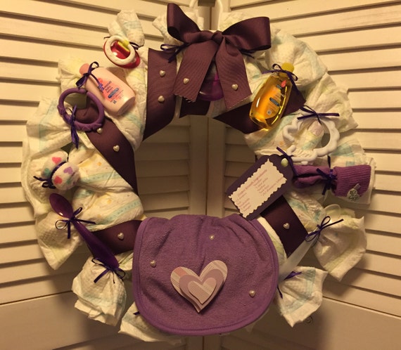 Baby Girl Diaper Wreathpurple Baby Shower Decorpurple Diaper Etsy