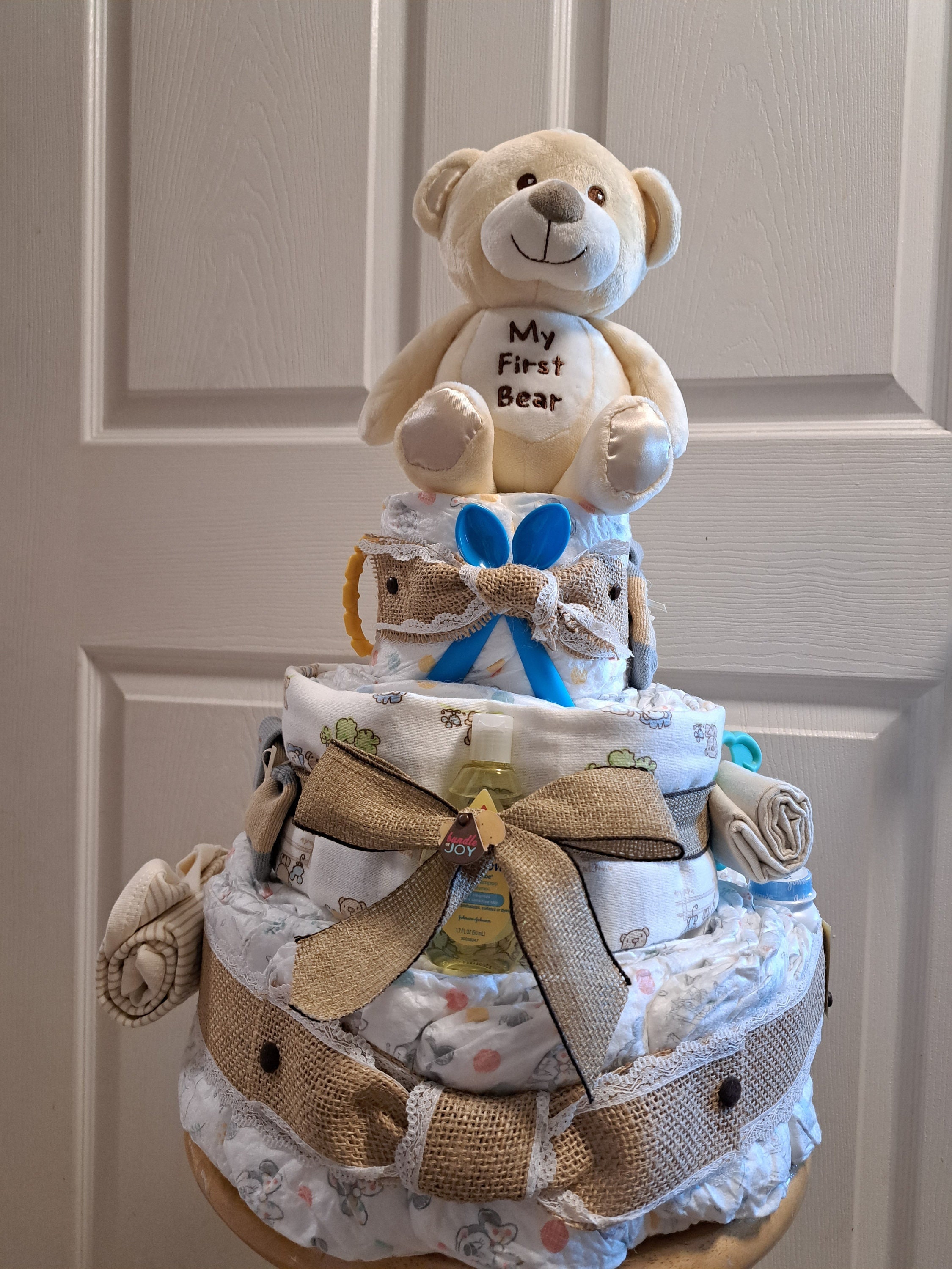 3-Tier neutral burlap diaper cake, Bear tiered diaper cake,Burlap&white  baby theme, Bear baby shower, Baby's First Bear,Baby bear baby gift,