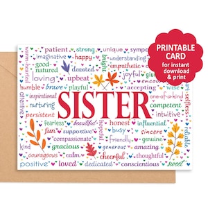 May include: A white greeting card featuring the word SISTER in large red letters surrounded by colorful adjectives like patient, strong, and loving, interspersed with small heart icons and autumn leaf illustrations, paired with a brown envelope.