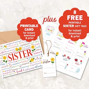 SISTER Karte zum Ausdrucken (Bonus: 8 Geschenkanhänger mit Schwestermotiven gratis, bis 31