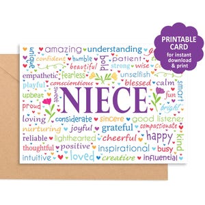 Afdrukbare NIECE-kaart - perfecte begroeting voor: verjaardag, afstuderen, baby-/huwelijksdouche, gefeliciteerd, promotie, nieuw huis, nieuwe baan, verloving