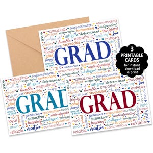 3 afdrukbare GRAD-kaarten, in verschillende kleuren: middelbare school, hogeschool, vakschool, perfect voor familie, vrienden en afstudeerders van de buren, tariefvrij!