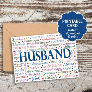 May include: A greeting card for a husband with the word "HUSBAND" in large blue letters, surrounded by positive adjectives. A brown envelope and a blue "Printable Card" graphic are also visible.