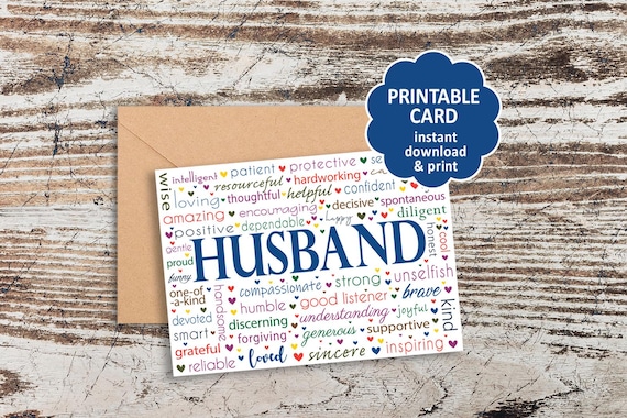 Printable Husband word art greeting card for a special husband, any occasion, envelope template is included