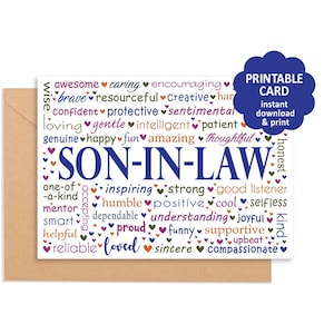 May include: A white greeting card featuring the text SON-IN-LAW in large blue letters, surrounded by various descriptive words in different colors and small heart icons. A blue circular badge reads PRINTABLE CARD instant download & print.