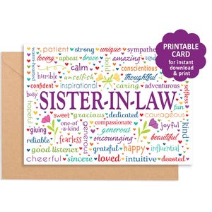 Carte imprimable belle-soeur - une carte de voeux unique pour les anniversaires, les félicitations, les remerciements, une pensée pour vous, l'obtention du diplôme, vous me manquez, la retraite