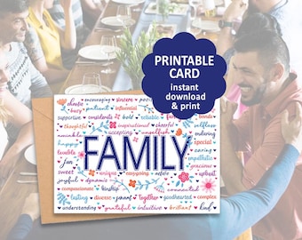 Moderne, ausdruckbare Grußkarte mit Wortkunst zum Thema Familie für ein besonderes Familienmitglied; eine Umschlagvorlage ist enthalten.