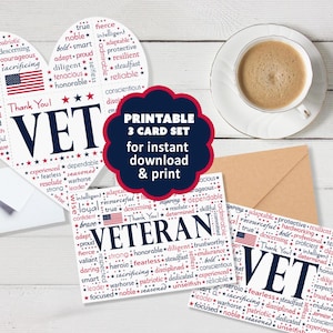 May include: A set of three printable cards for veterans, featuring patriotic designs with the text "Thank You! VET" and "VETERAN". The cards include a heart-shaped card, a rectangular card, and a round card with the text "PRINTABLE 3 CARD SET for instant download & print".