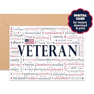 Cartão VETERANO para impressão - uma saudação instantânea para o Memorial Day, Dia da Independência, Dia do Veterano, Aniversário do Veterano, Promoção, Aposentadoria, Agradecimento