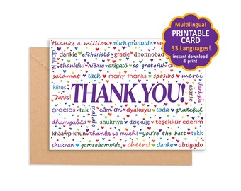 Printable Thank You! word art greeting card set - 2 designs Thank You & Thanks in 33 different languages, envelope template included