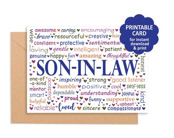 Printable SON-IN-LAW card - Unique greeting for Birthdays, Congrats, Thank you, Graduation, Retirement, Father's Day, or anytime