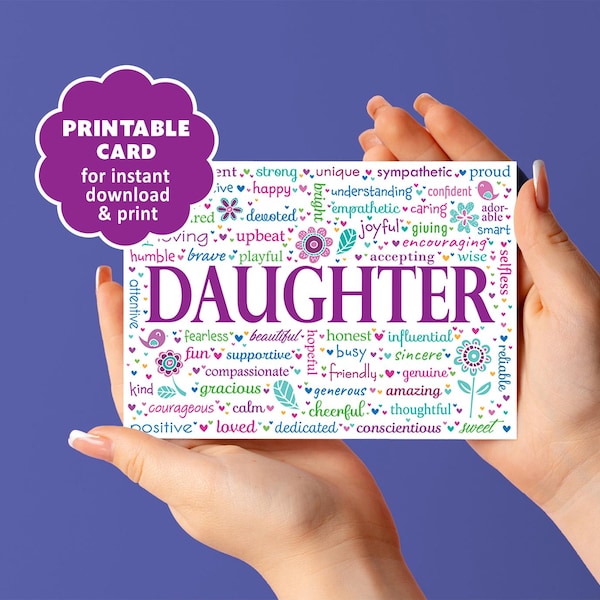 DOCHTER Word Art Card - fijne verjaardag, douche, gefeliciteerd, voor dochter, alle gelegenheden (direct downloaden en afdrukken)