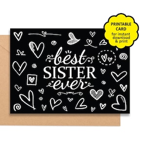 Tarjeta imprimible "LA MEJOR HERMANA DE TODOS LOS TIEMPOS": diseño clásico en blanco y negro para el cumpleaños de la hermana, felicitaciones, agradecimientos, pensando en ti, graduación, en cualquier momento.